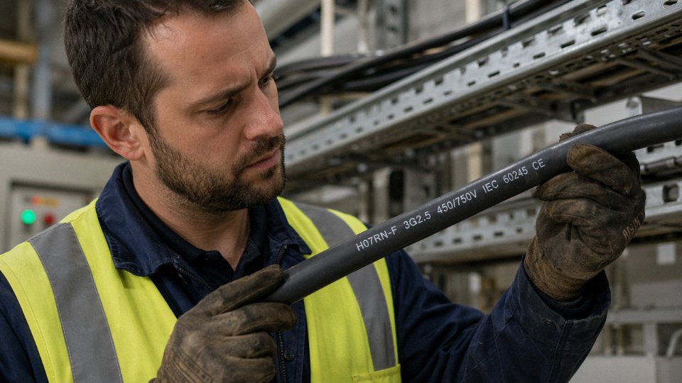 Electrician reading printed markings on a cable jacket under bright workshop lighting