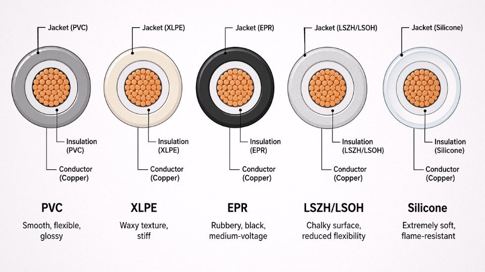 Comparison diagram of five cable jacket material cross-sections showing PVC, XLPE, EPR, LSZH, and silicone