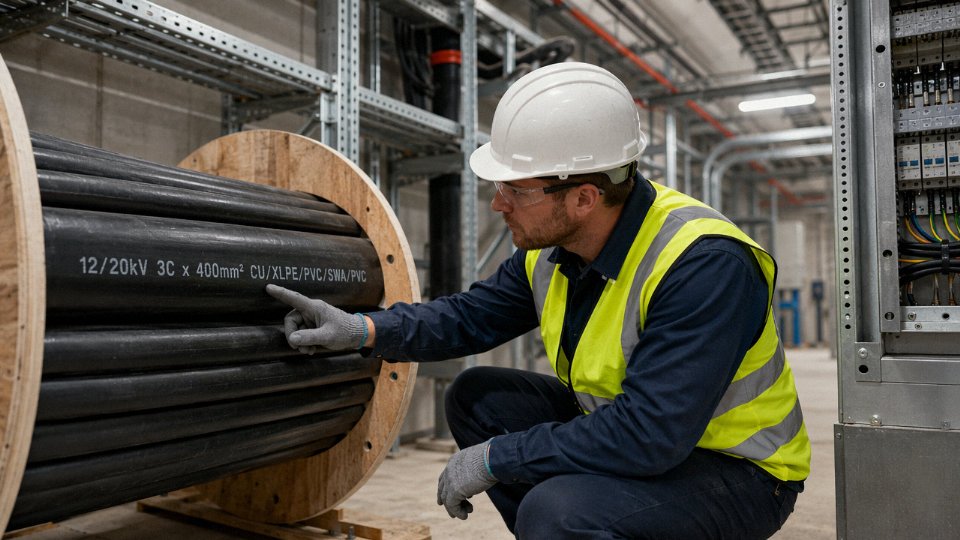 Plant engineer reading the print legend on a large industrial cable drum in a cable tray installation area