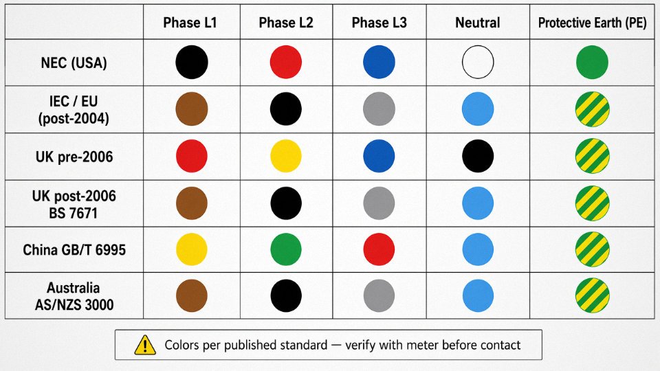 Flat vector comparison diagram of electrical cable core color codes across NEC, IEC/EU, UK pre-2006, UK post-2006, China GB, and Australia AS/NZS standards