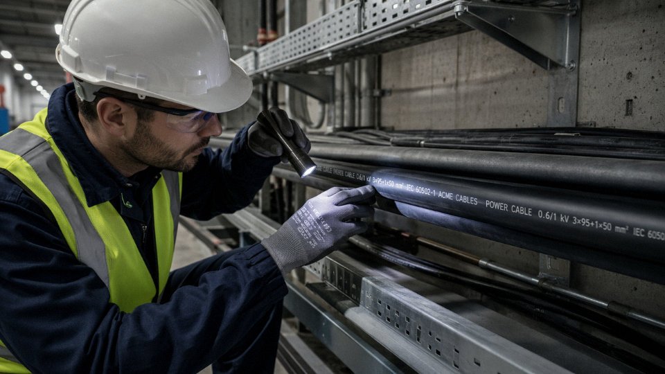 Electrician reading printed legend on a heavy industrial power cable in a cable tray
