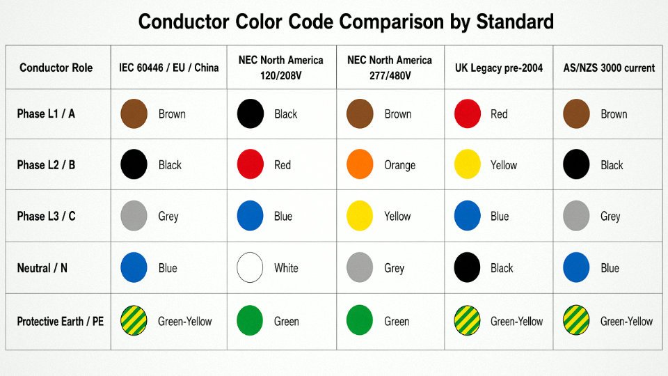 Flat comparison table diagram showing conductor color codes for IEC, NEC, UK legacy, and AS/NZS wiring standards