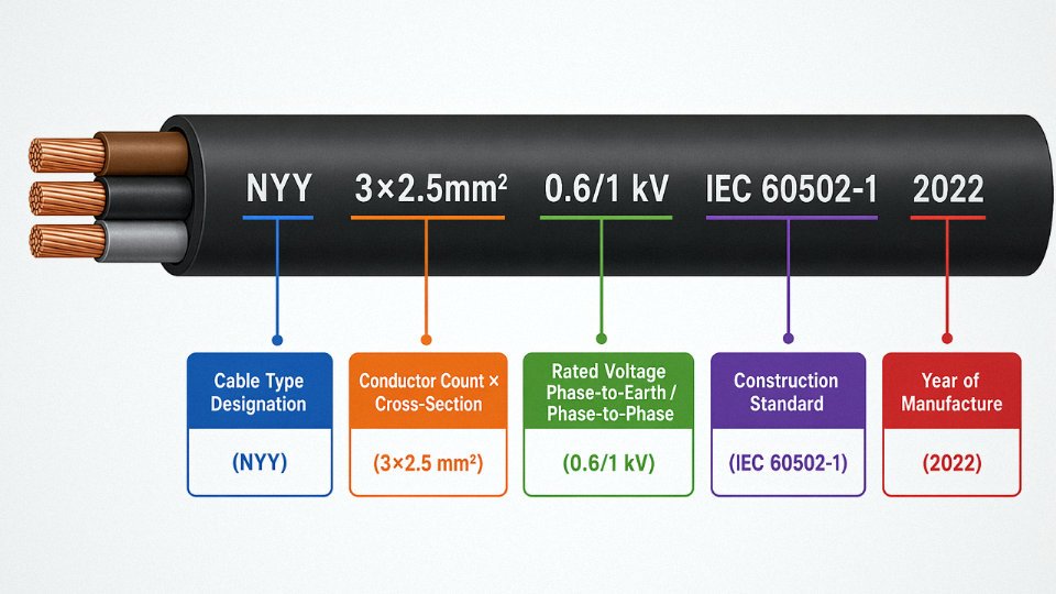 Annotated diagram breaking down each field of a standard low-voltage cable jacket print line