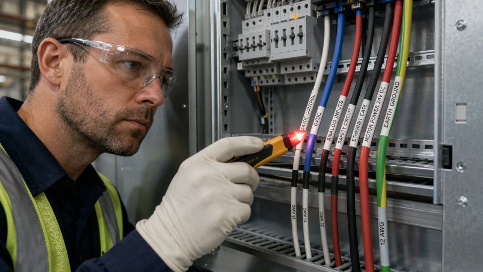 Electrician using a non-contact voltage tester on labeled low-voltage cables in an industrial panel