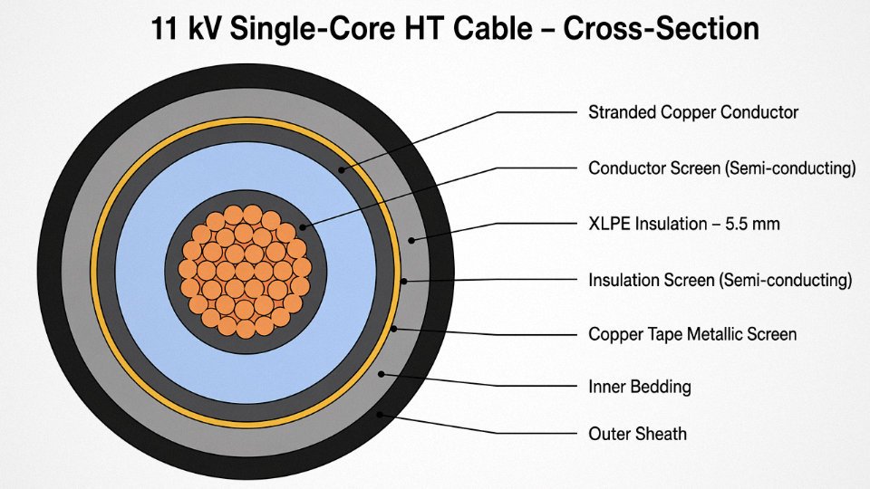 Labelled cross-section diagram of a single-core 11 kV HT cable showing all construction layers from conductor to outer sheath