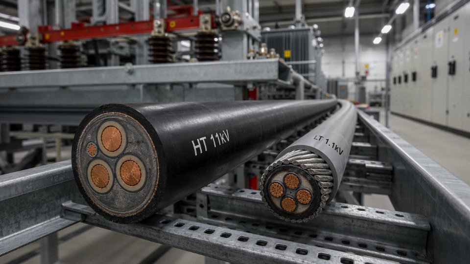 Side-by-side comparison of HT and LT power cables in an industrial substation environment