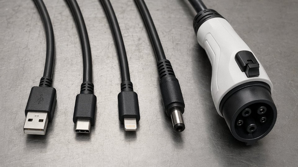 Assortment of common charging cable types laid out on an industrial workbench for identification