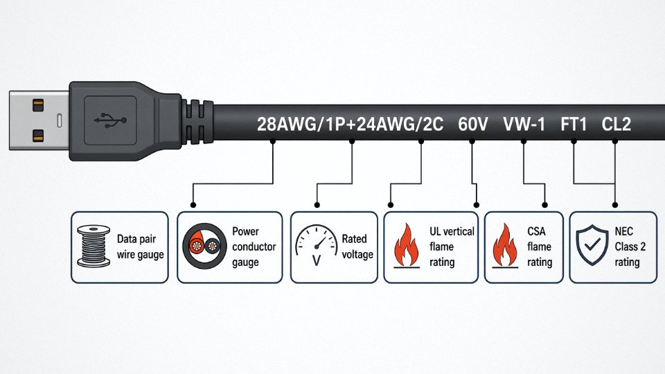 Annotated diagram of a USB cable jacket print string with each segment labeled and explained