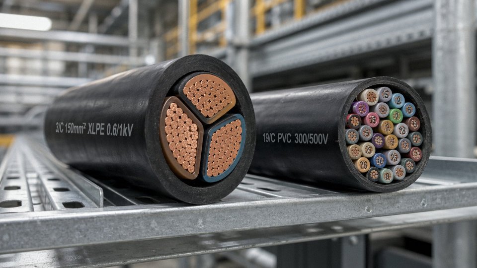 Side-by-side comparison of a large-conductor power cable and a multi-core control cable on an industrial cable tray