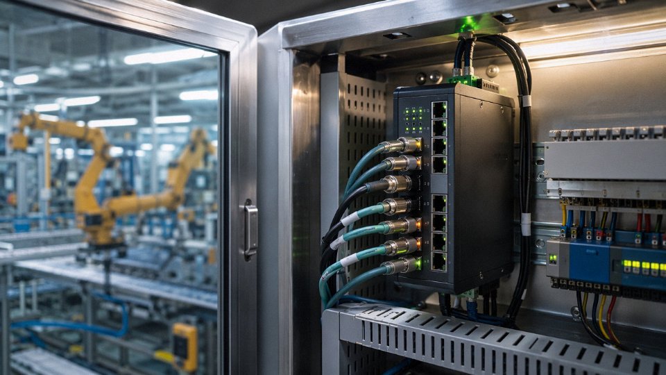 Industrial Ethernet switch and ruggedized Cat6A cables on an active factory automation line