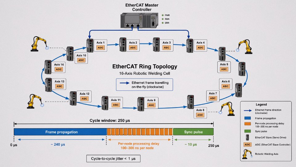 EtherCAT ring topology diagram for a 16-axis robotic welding cell with cycle timing annotations