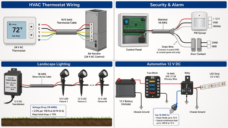 Flat vector diagram showing four common 18 AWG low-voltage application zones: HVAC thermostat, security alarm, landscape lighting, and automotive wiring