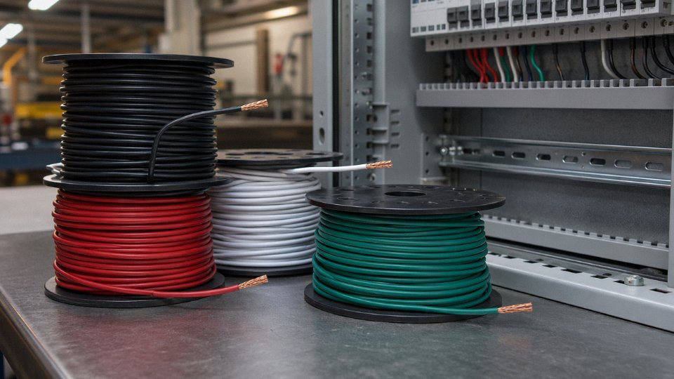 Coiled 18 AWG stranded copper wire with THHN insulation beside a low-voltage control panel in an industrial setting
