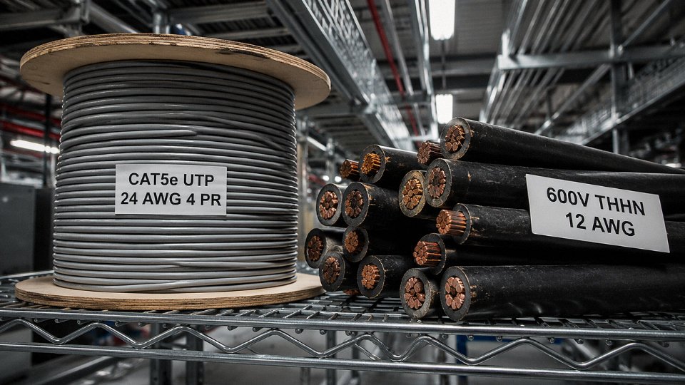Spool of Cat5e cable next to industrial 600V power wiring in an electrical room, highlighting the mismatch between data cable and power applications
