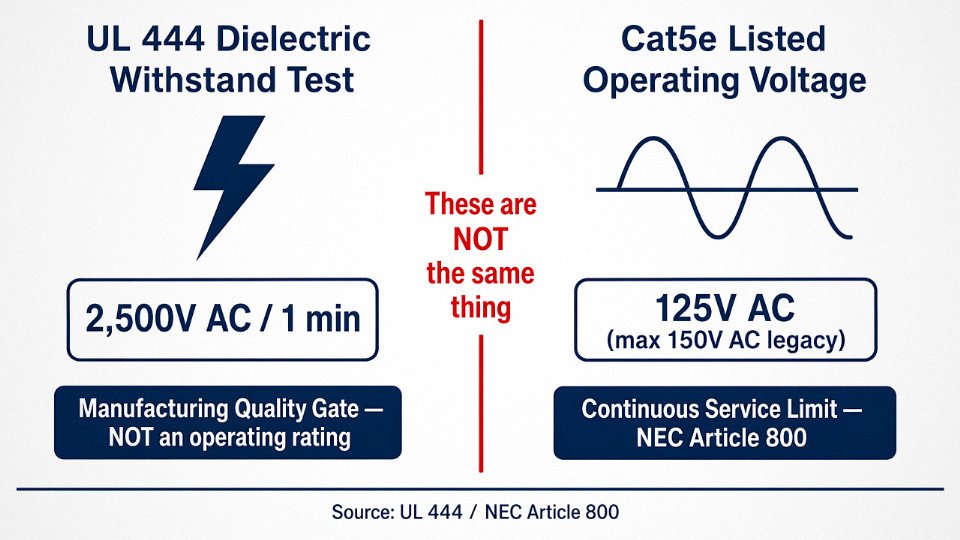 Engineering diagram comparing Cat5e UL 444 dielectric withstand test voltage versus actual rated operating voltage, clarifying the difference between a manufacturing quality test and a continuous service rating