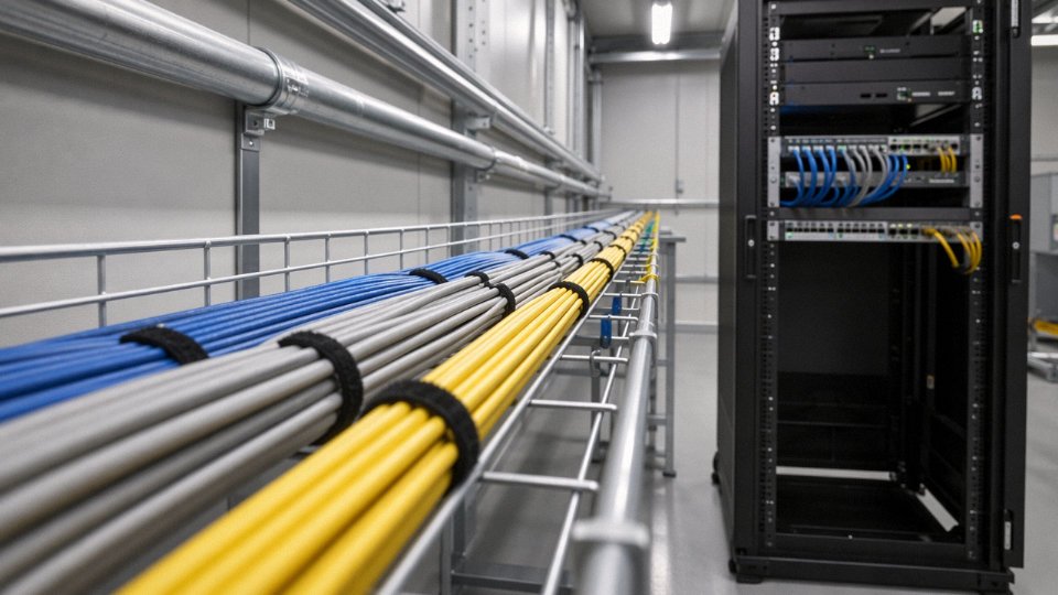 Cat6 patch cables and a network switch installed in a structured cabling environment alongside conduit runs