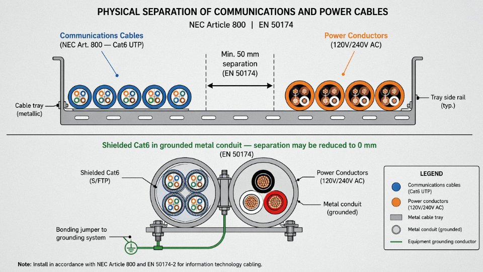 Engineering diagram showing NEC Article 800 required separation between Cat6 communications cables and mains power conductors in a cable tray