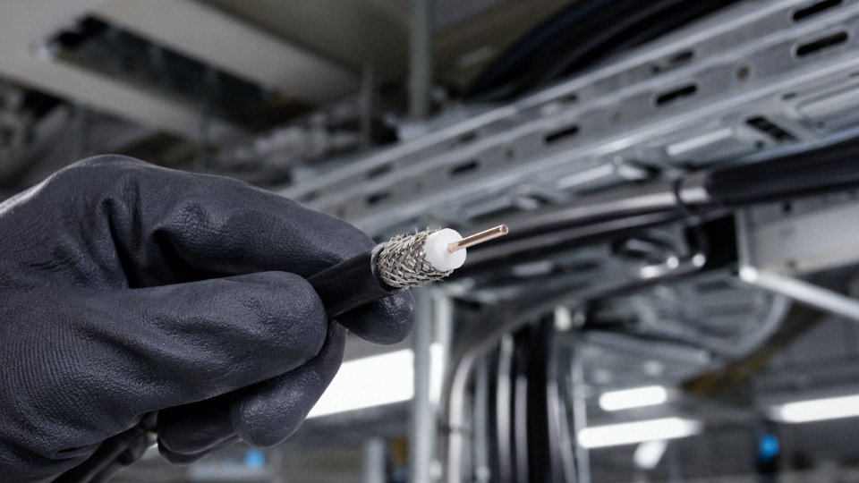 Cross-section of a coaxial cable held by a technician in an industrial cable tray environment
