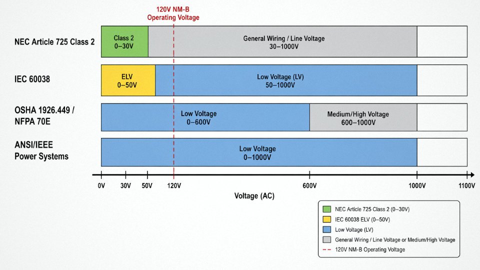 Side-by-side flat vector diagram comparing NEC Article 725, IEC 60038, OSHA, and ANSI IEEE low-voltage thresholds on a shared voltage scale