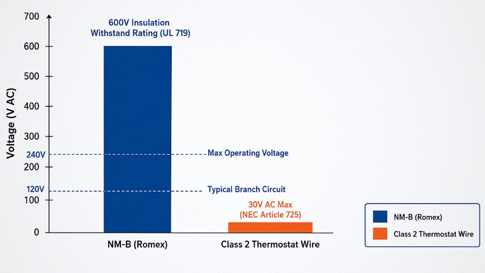 Engineering diagram comparing NM-B 600V insulation withstand rating against actual 120V and 240V operating voltages, alongside Class 2 cable at 30V