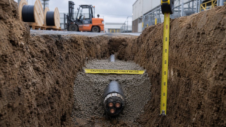 Cross-section view of a low voltage cable trench showing burial depth measurement and cable layering in compacted soil