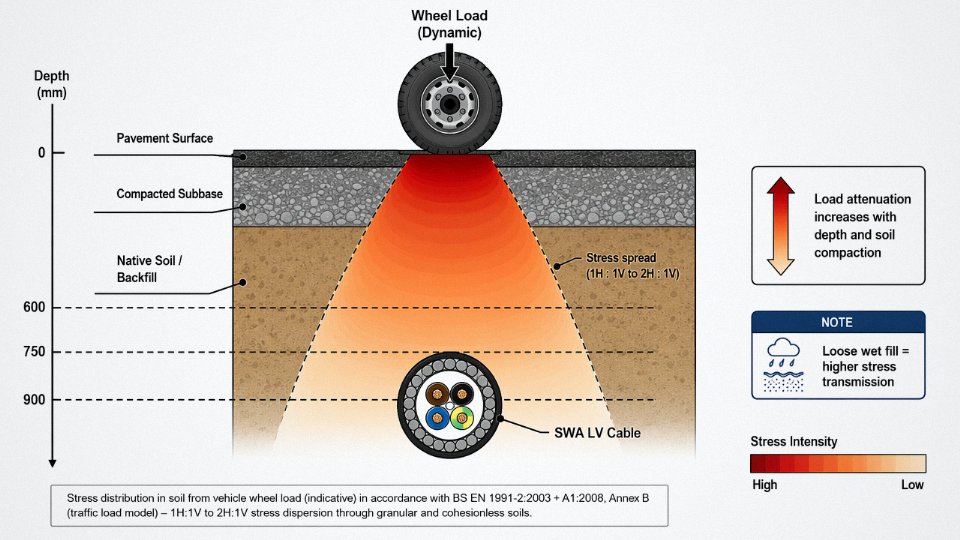 Engineering diagram showing stress cone attenuation of vehicle wheel load through soil layers down to buried cable depth
