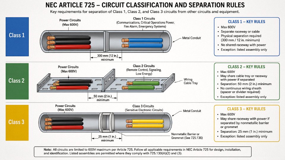 Flat vector diagram illustrating NEC Article 725 Class 1, Class 2, and Class 3 circuit separation requirements from power conductors