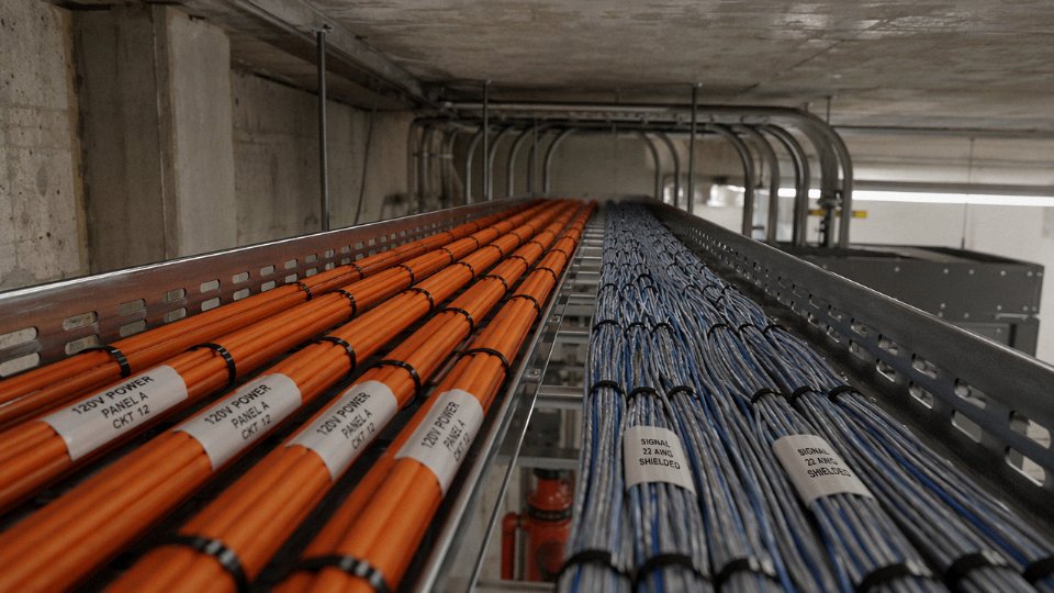 Industrial cable tray showing low-voltage signal cables routed alongside mains power wiring in a commercial building
