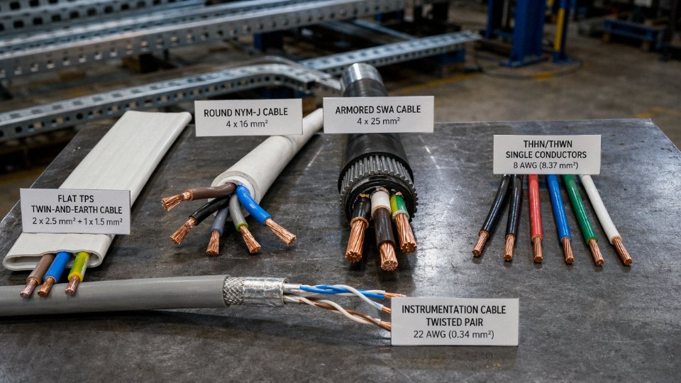 Assorted low voltage cables and wires arranged on an industrial workbench showing different insulation types and conductor sizes