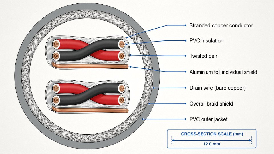 Engineering cross-section diagram of a shielded instrumentation cable showing twisted pair conductors, foil shield, drain wire, and outer jacket with labeled callouts