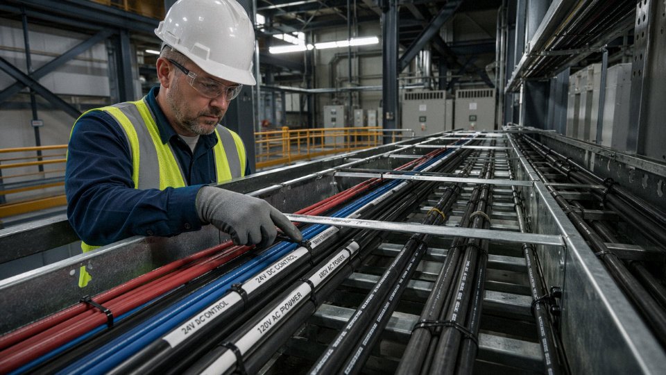 Industrial electrician inspecting low voltage cables in a large cable tray inside a manufacturing facility