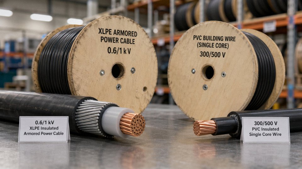 Side-by-side comparison of low voltage industrial cable and standard building wire on a factory workbench