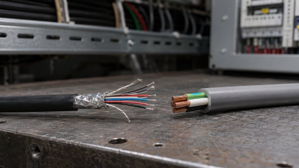 Side-by-side comparison of low-voltage signal cable and standard building wire on an industrial workbench