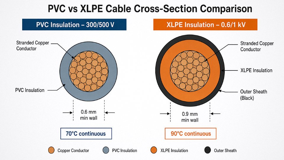 Engineering diagram comparing cross-sections of PVC-insulated and XLPE-insulated low voltage cables with labeled dimensions