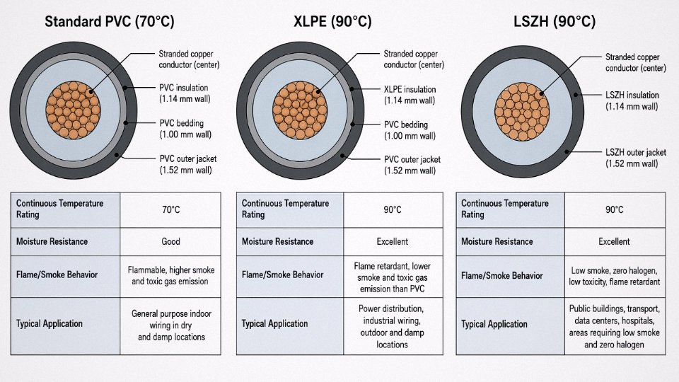 Engineering diagram comparing cross-sections of PVC, XLPE, and LSZH insulated cables with labeled construction layers
