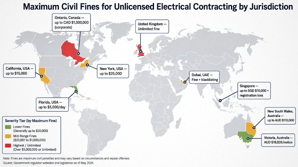 World map diagram comparing maximum electrical work penalty fines by jurisdiction
