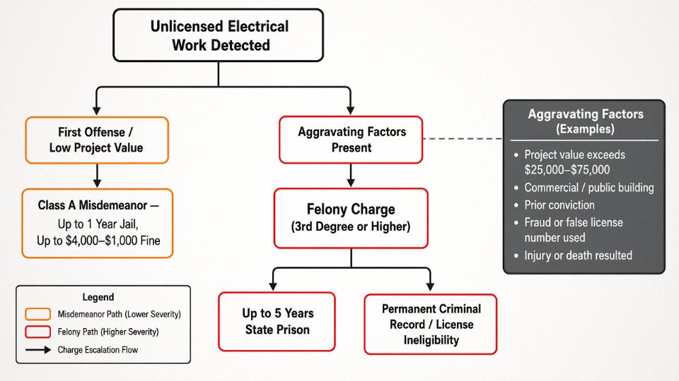 Flowchart diagram showing escalation path from unlicensed electrical work to misdemeanor or felony criminal charges