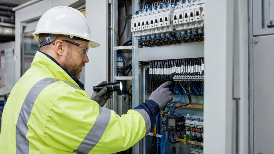 penalty-electrical-work-without-license-06-inspector-checking-cable-markings-on-industrial-panel