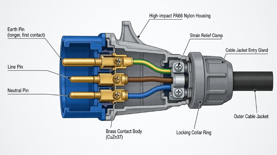 Labeled cutaway engineering diagram of an IEC 60309 industrial plug showing earth pin, line pins, housing body, strain relief clamp, and cable entry gland
