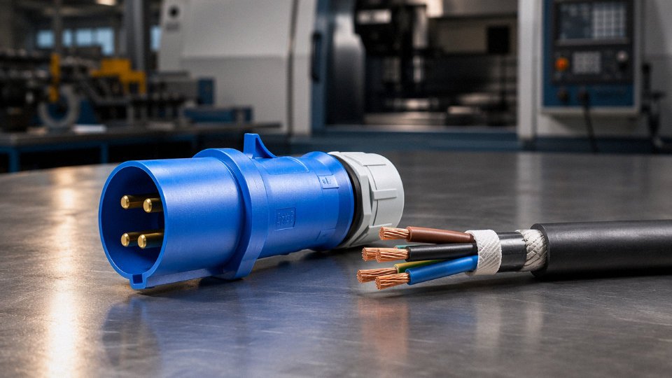 Industrial IEC 60309 plug next to a cut-away section of multi-core power cable on a factory workbench