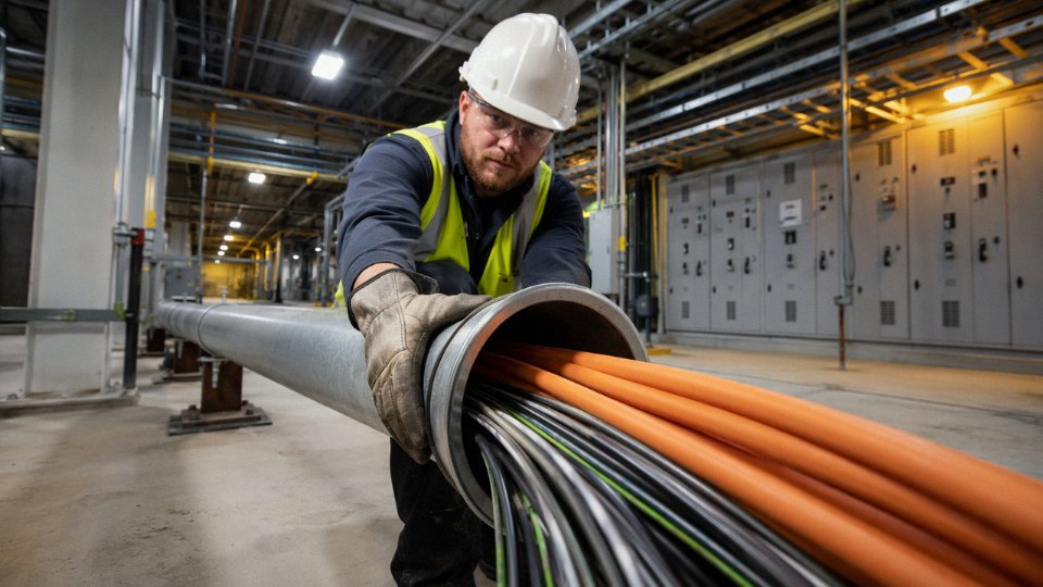 Electrician pulling both power and control wires through a steel conduit in an industrial motor control installation