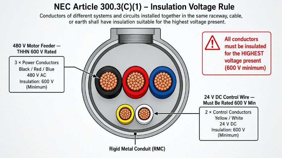 Engineering diagram showing NEC 300.3(C)(1) insulation voltage rule for power and control conductors sharing a conduit