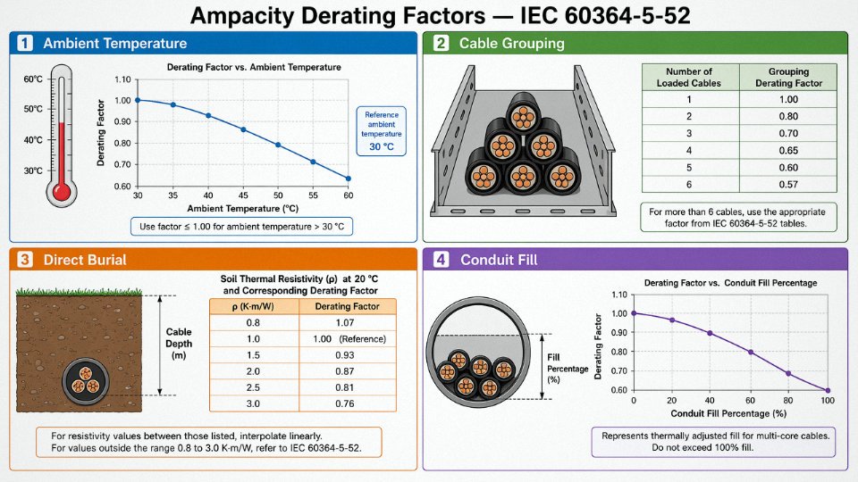 Engineering diagram showing four ampacity derating factors: ambient temperature, cable grouping, direct burial, and conduit fill