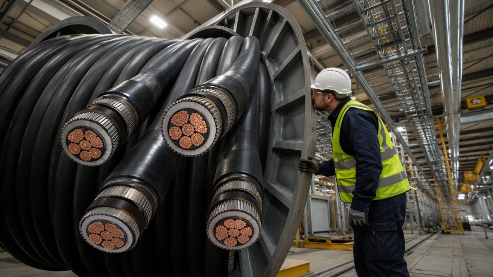 Industrial power cables on a drum being inspected by an engineer in a manufacturing facility