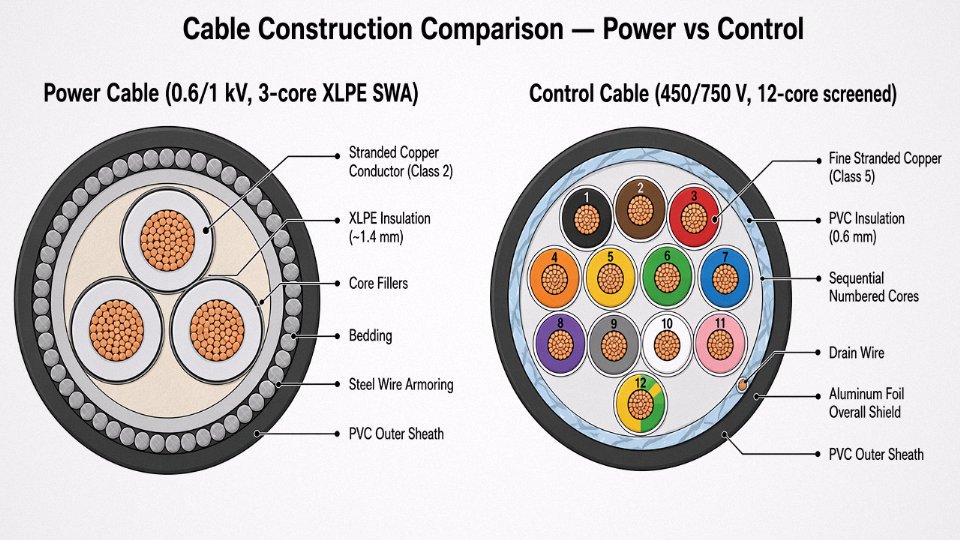 Engineering cross-section diagram comparing internal construction layers of a power cable and a control cable