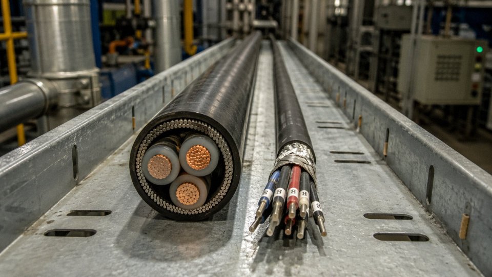 Side-by-side comparison of a power cable and a control cable on an industrial cable tray