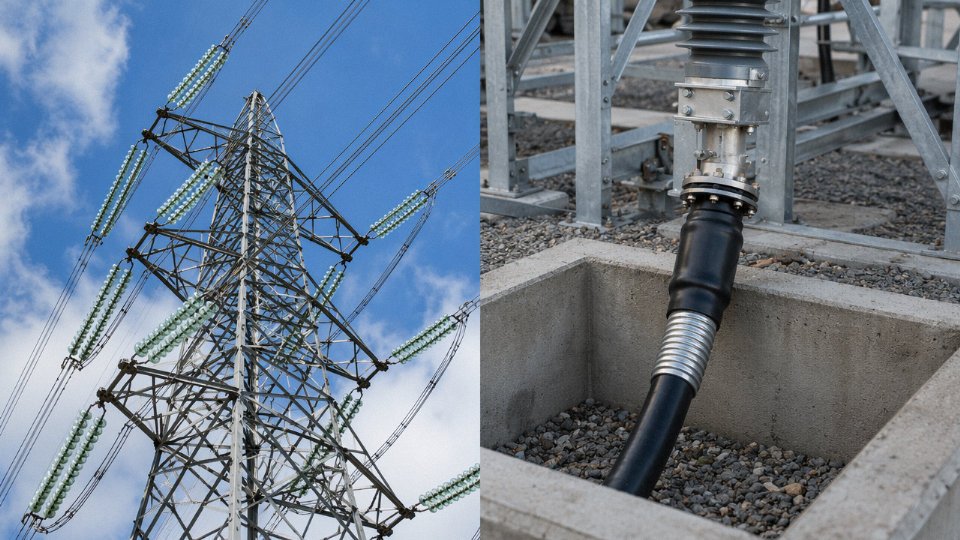 Side-by-side comparison of a bare ACSR overhead transmission line on a steel lattice tower and an armored underground MV cable emerging from the ground at a substation transition point
