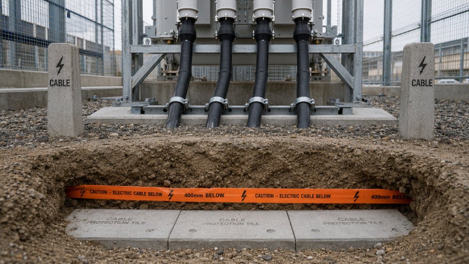 Underground cable route markers and sealing-end termination at a substation entry, showing concrete marker posts and orange warning tape in a shallow trench