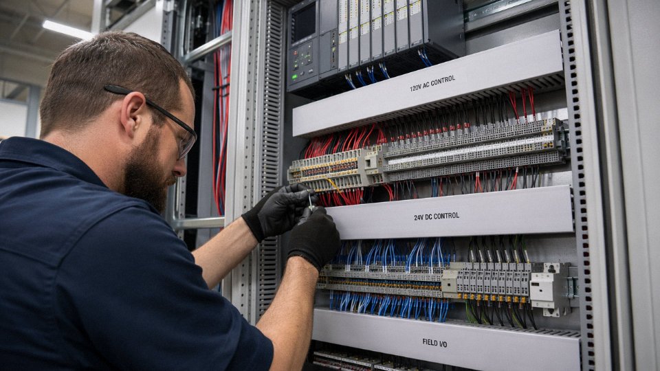 Electrician routing and labeling color-coded control wiring inside an industrial motor control center panel