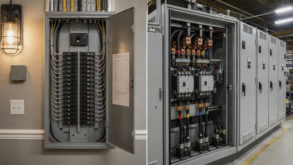 Side-by-side comparison of a residential electrical panel and an industrial motor control center showing the scale difference in wiring complexity